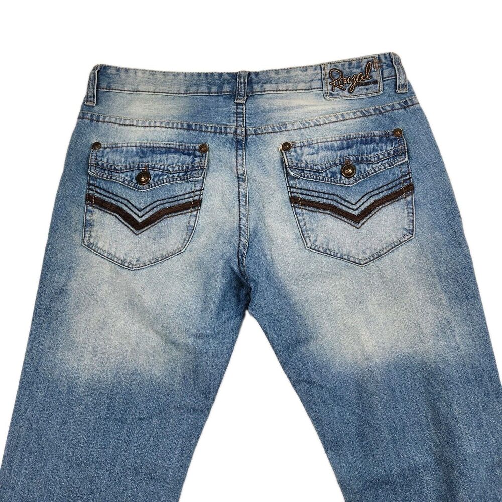 Royal Premium Jeans Mens 36x32 Y2K Relaxed Straight Distressed Embroidered